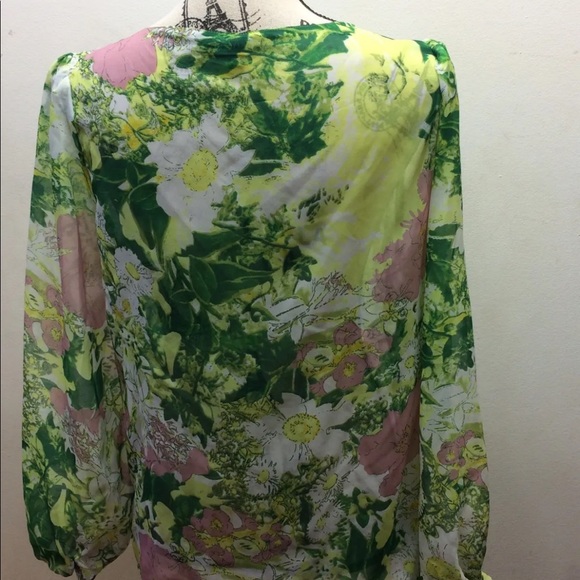 Cynthia Rowley Women Long Sleeve Blouse Chiffon Floral Print Medium Green Pink - Picture 3 of 6